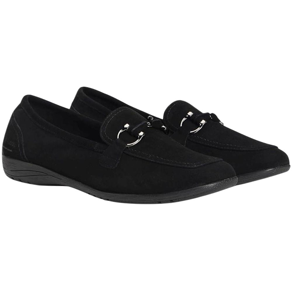 Pair of black loafers with a silver horse-bit buckle on a white background