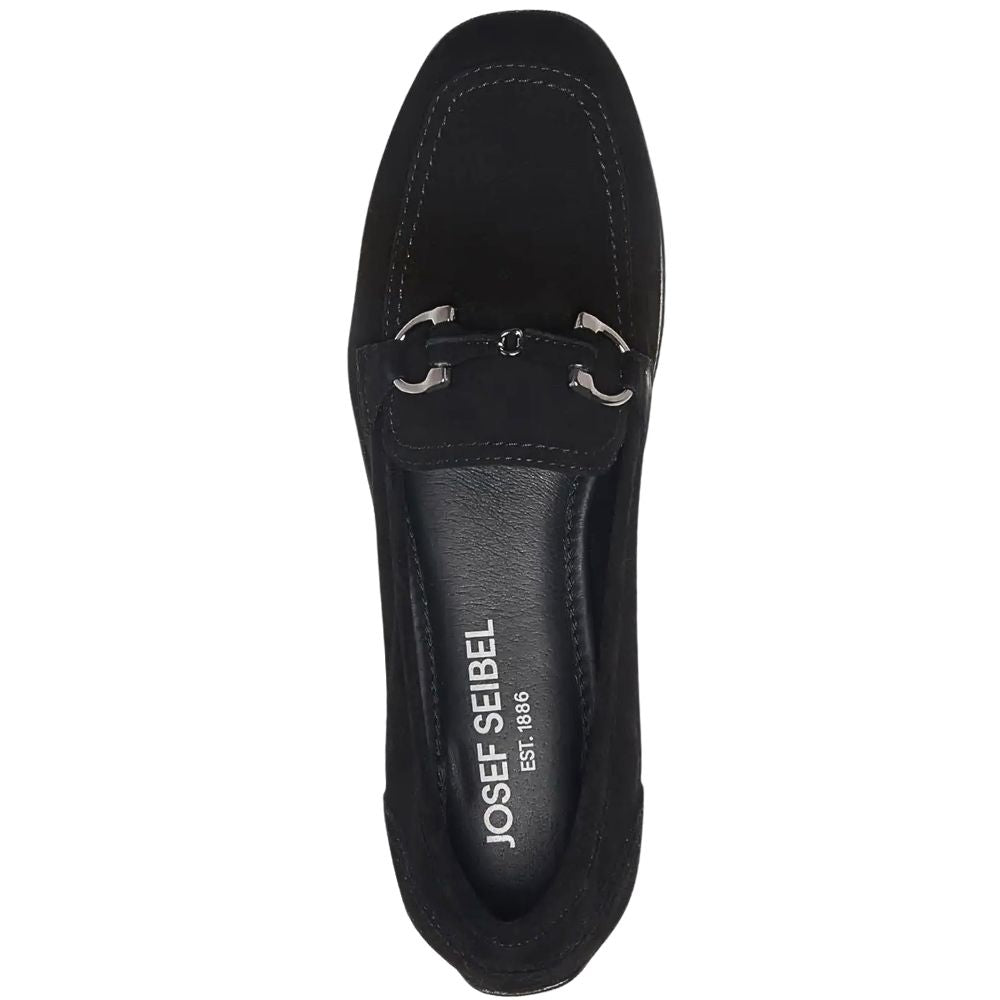 Black loafer shoe with a silver horse-bit buckle on a white background, featuring the Josef Seibel brand.