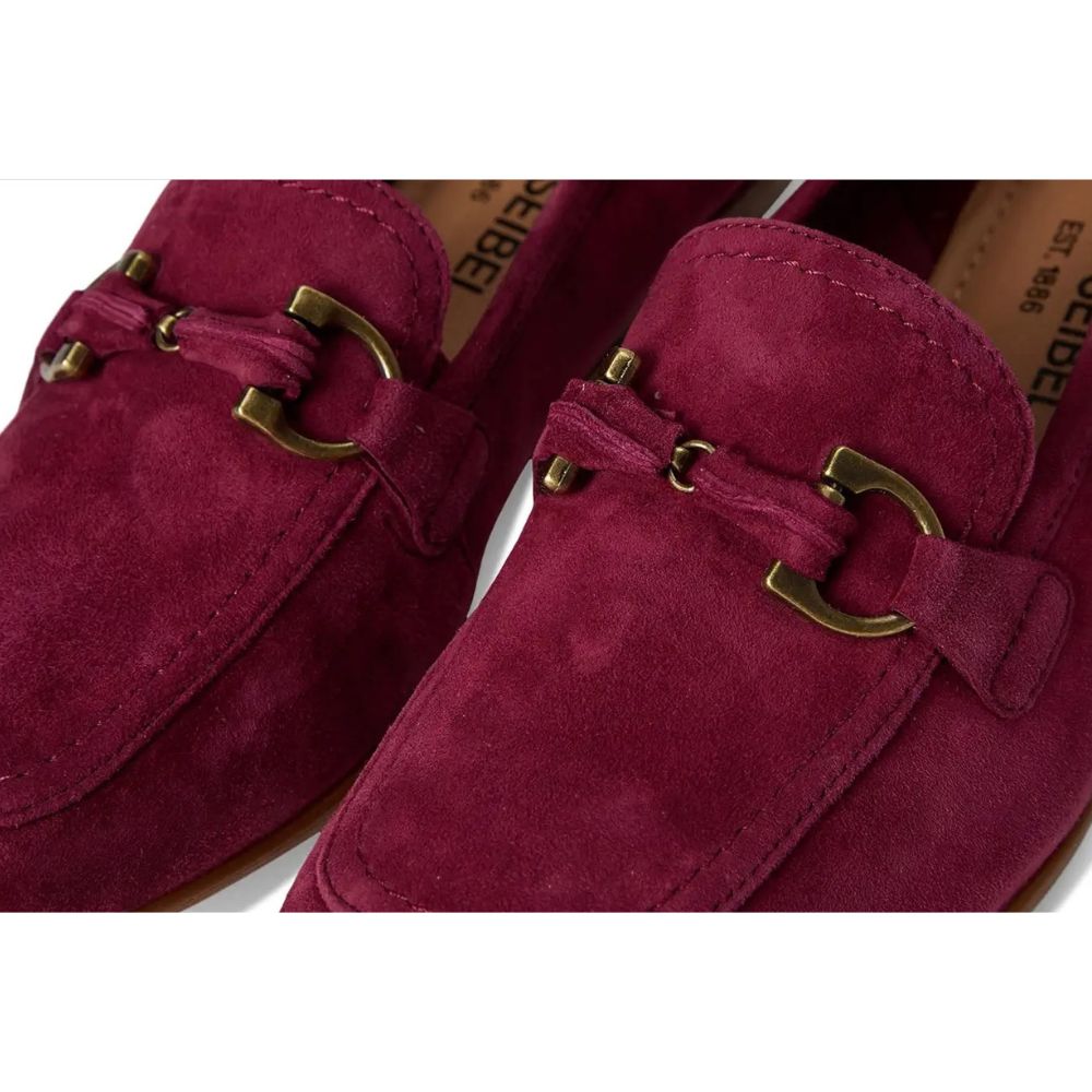 Close-up of merlot loafers with a gold horse-bit detail on a white background