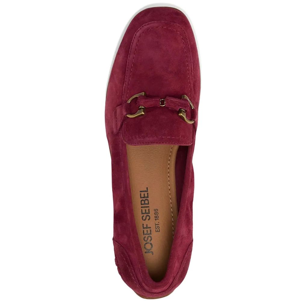 Merlot suede loafer shoe with a gold horse-bit buckle on a white background