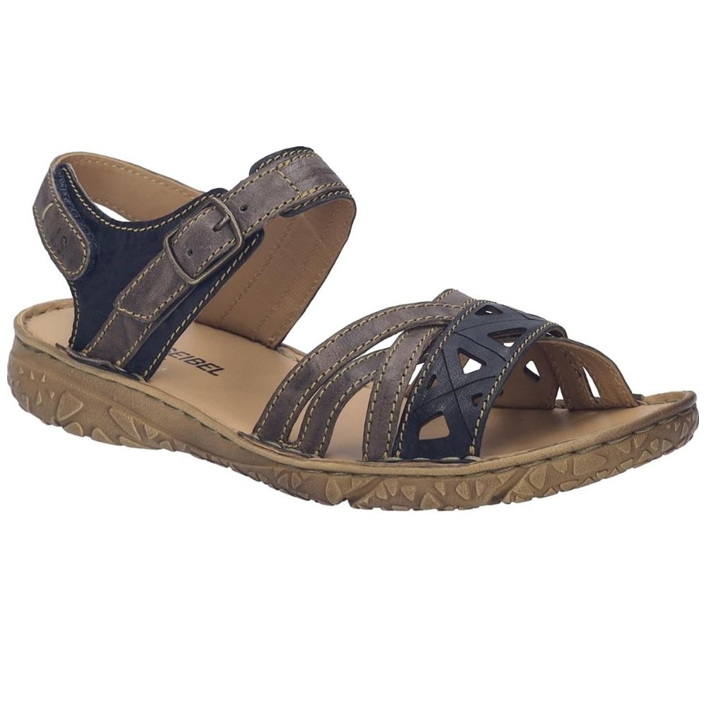 A women's leather sandal with dark brown and navy blue straps and a tan footbed and sole, shown from a three-quarters angle on a white background.