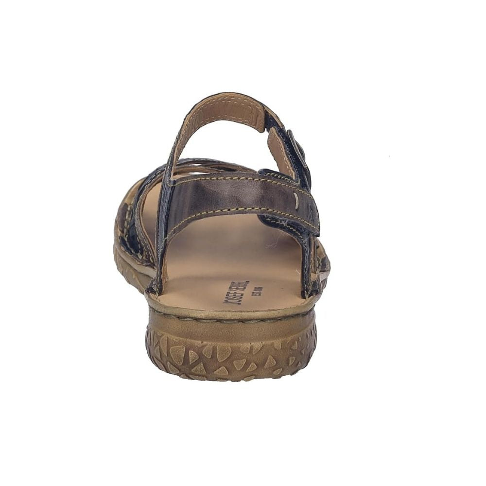 A single women's leather sandal shown from a rear three-quarter view, featuring dark brown straps, a tan insole, and a textured brown sole, set against a plain white background.
