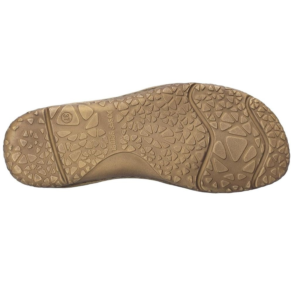 The textured bottom sole of a sandal, showing the tread pattern and embossed branding on a plain white background.
