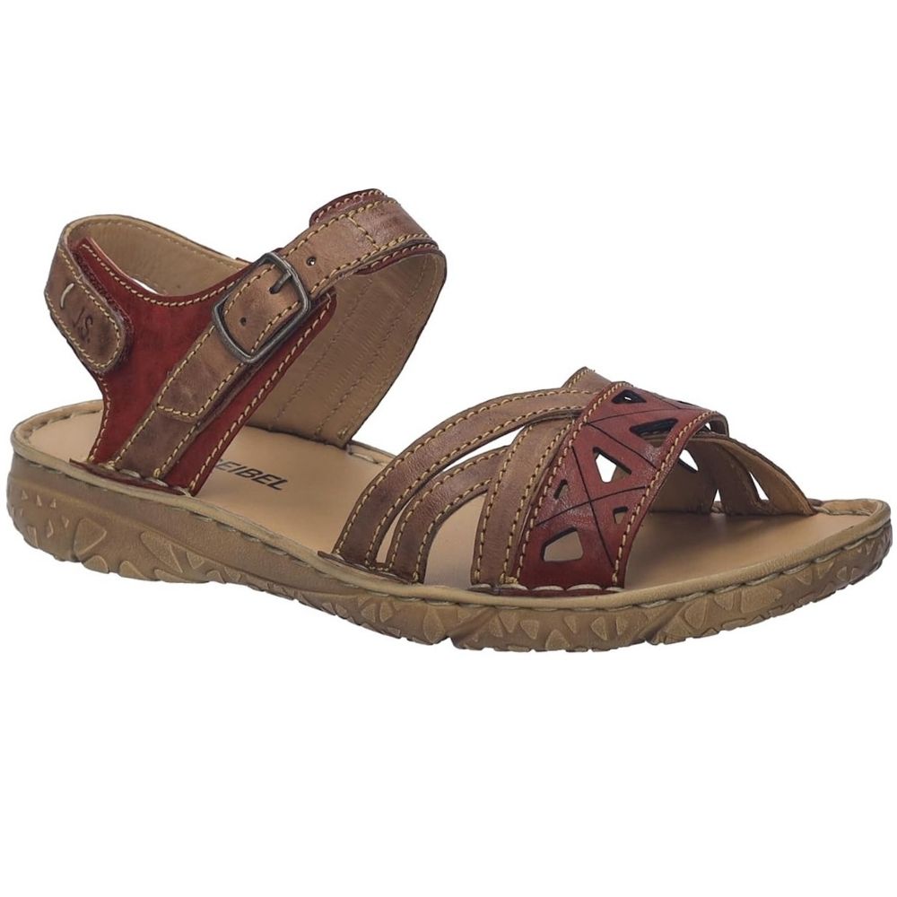 A single women's leather sandal, featuring brown and burgundy-red straps with a tan footbed and a textured brown outsole, shown against a plain white background.