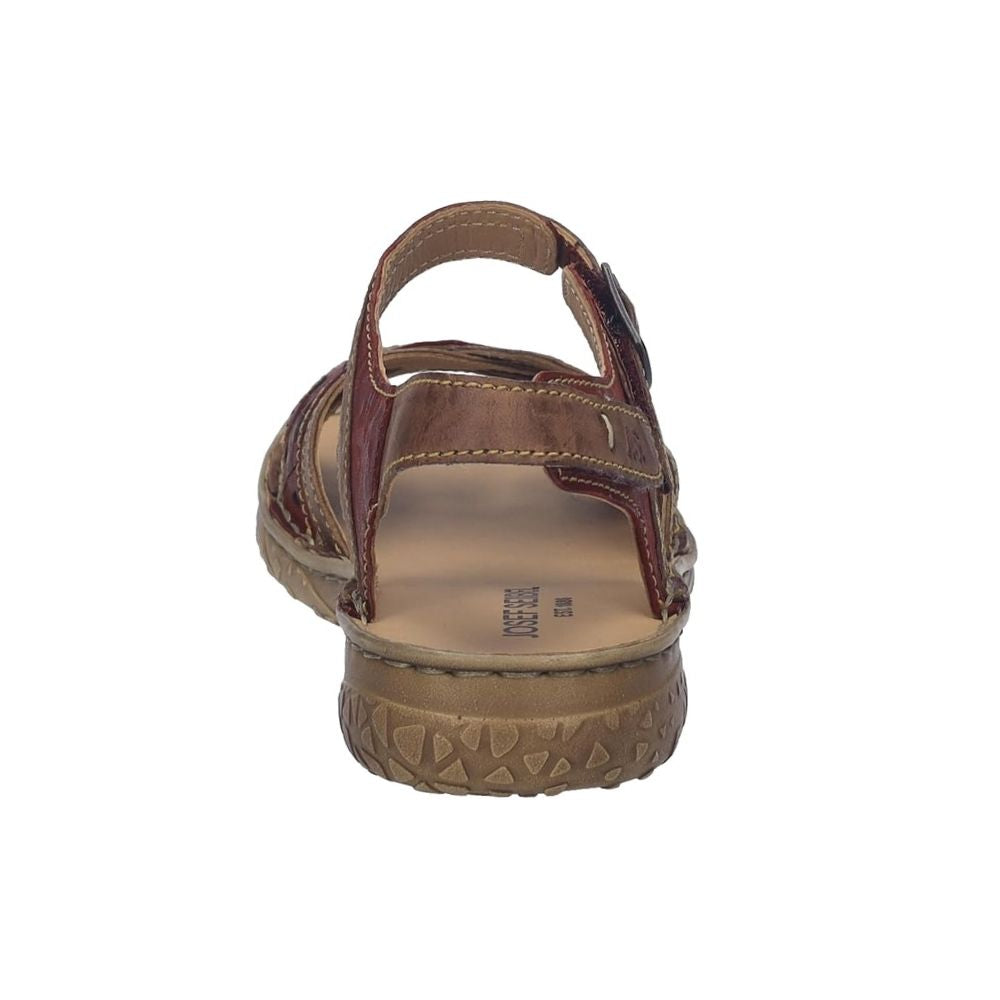 A single brown and burgundy-red leather sandal shown from a rear three-quarter view against a plain white background.