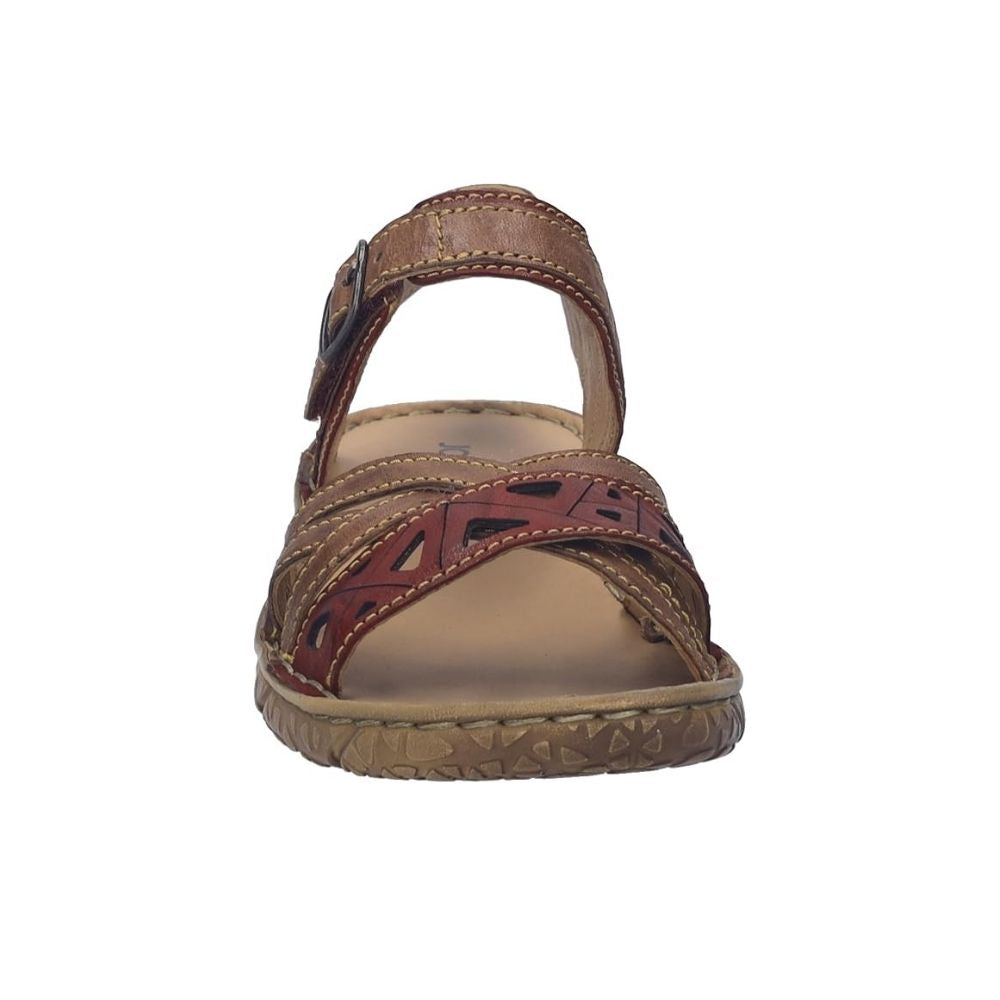 A single brown and burgundy-red leather sandal with cutout details and a brown textured sole, shown from a front-facing angle on a white background.