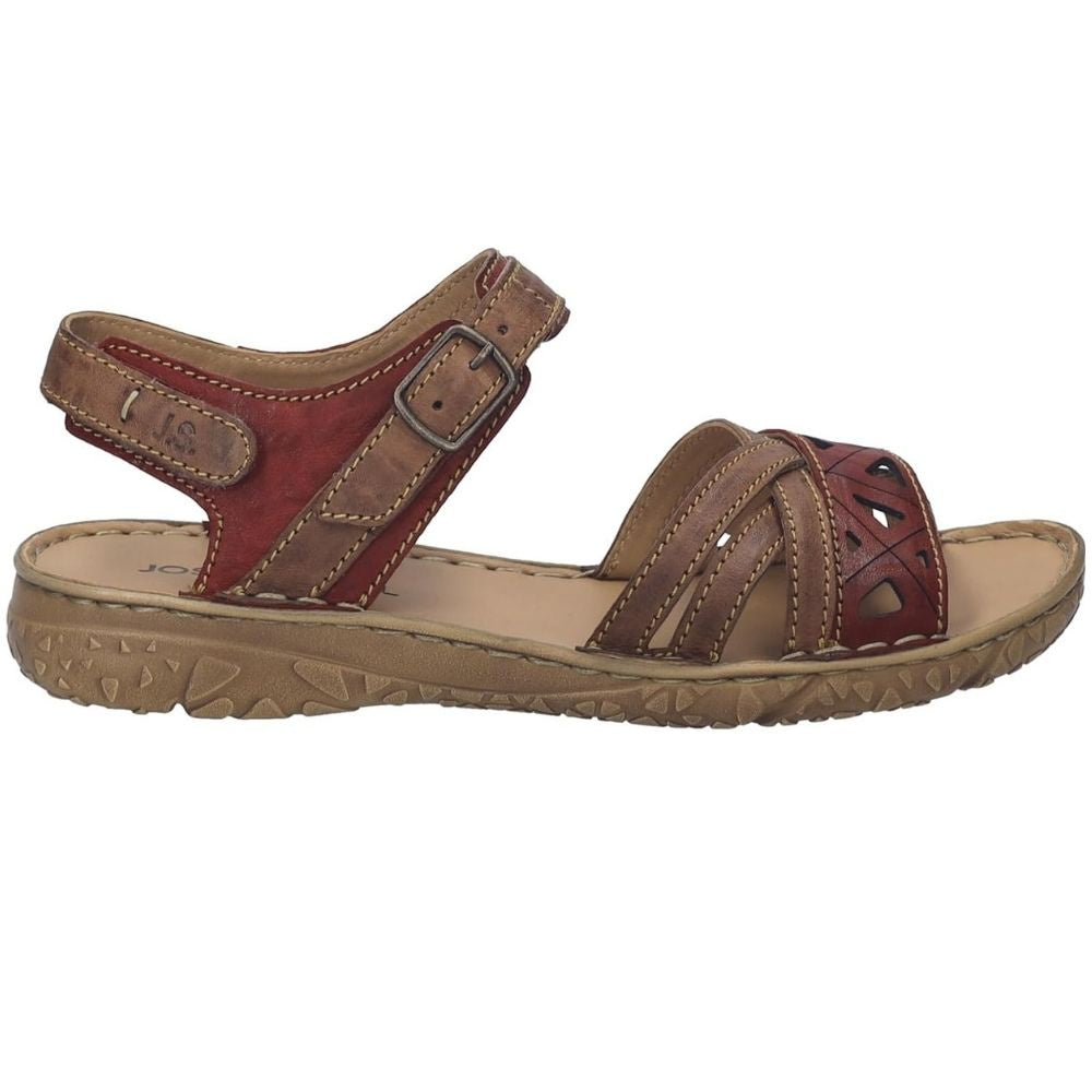 A women's leather sandal with brown and burgundy-red straps, featuring cutout details on the front and a Velcro ankle strap, shown against a plain white background.