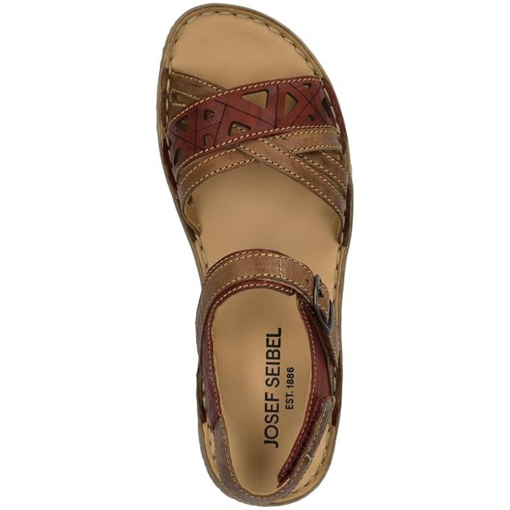 A single Josef Seibel sandal shown from a top-down view against a plain white background. The sandal features a tan footbed and sole, brown leather straps with a burgundy-red geometric cutout pattern.