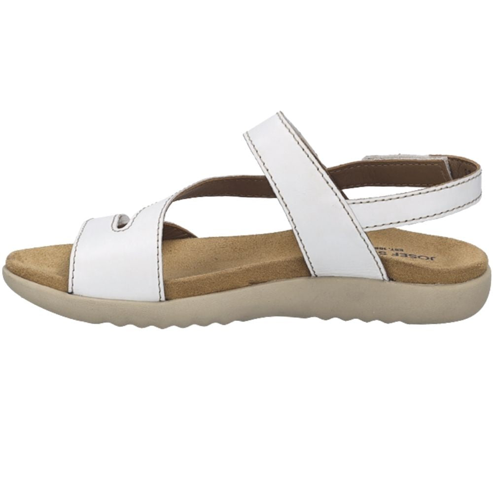 A white leather strappy sandal with a tan footbed and beige sole, shown from a side profile view on a white background.