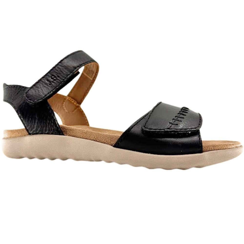 A single women's black leather sandal with adjustable straps, a stitched detail on the toe, and a thick beige sole, shown against a plain white background.