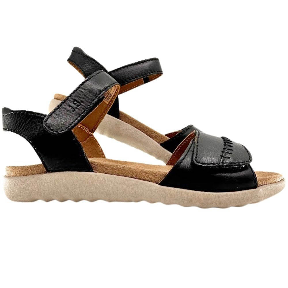 A pair of women's black leather sandals with adjustable straps, a stitched detail on the toe, and a thick beige sole, shown against a plain white background.