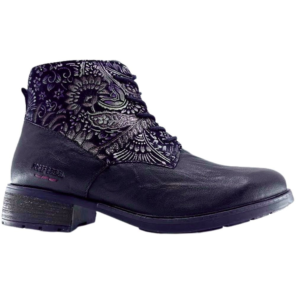 Black boot with intricate floral print on a white background