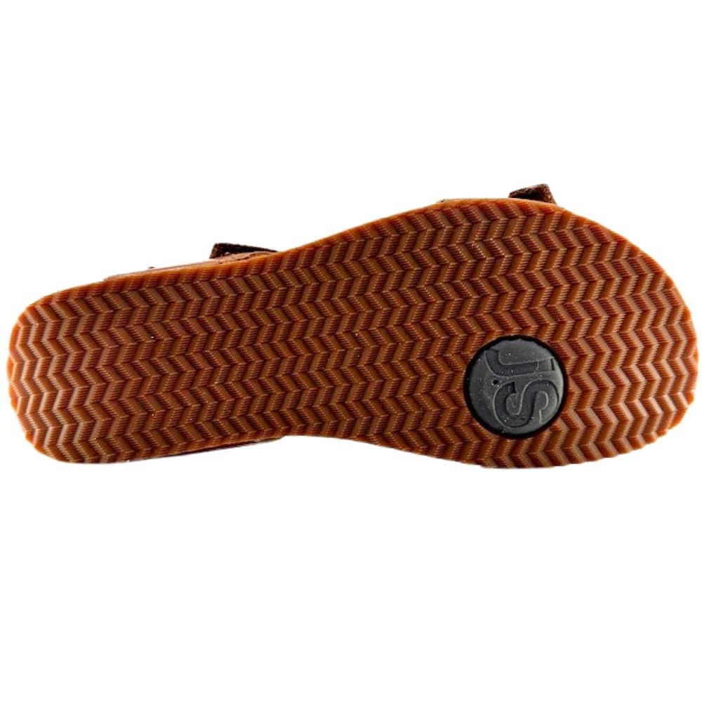 A close-up of a brown textured shoe sole with a herringbone pattern and a circular black logo patch featuring the letters 'JS'.