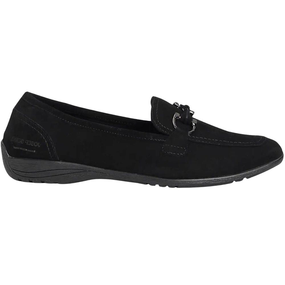 Black loafer shoe with a silver horse-bit detail across vamp on a white background