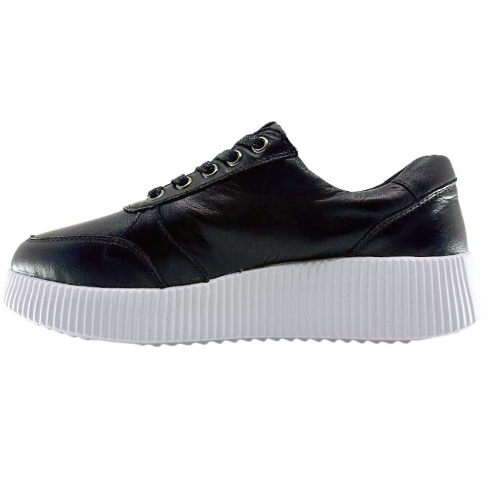 Black sneaker with a white sole on a white background