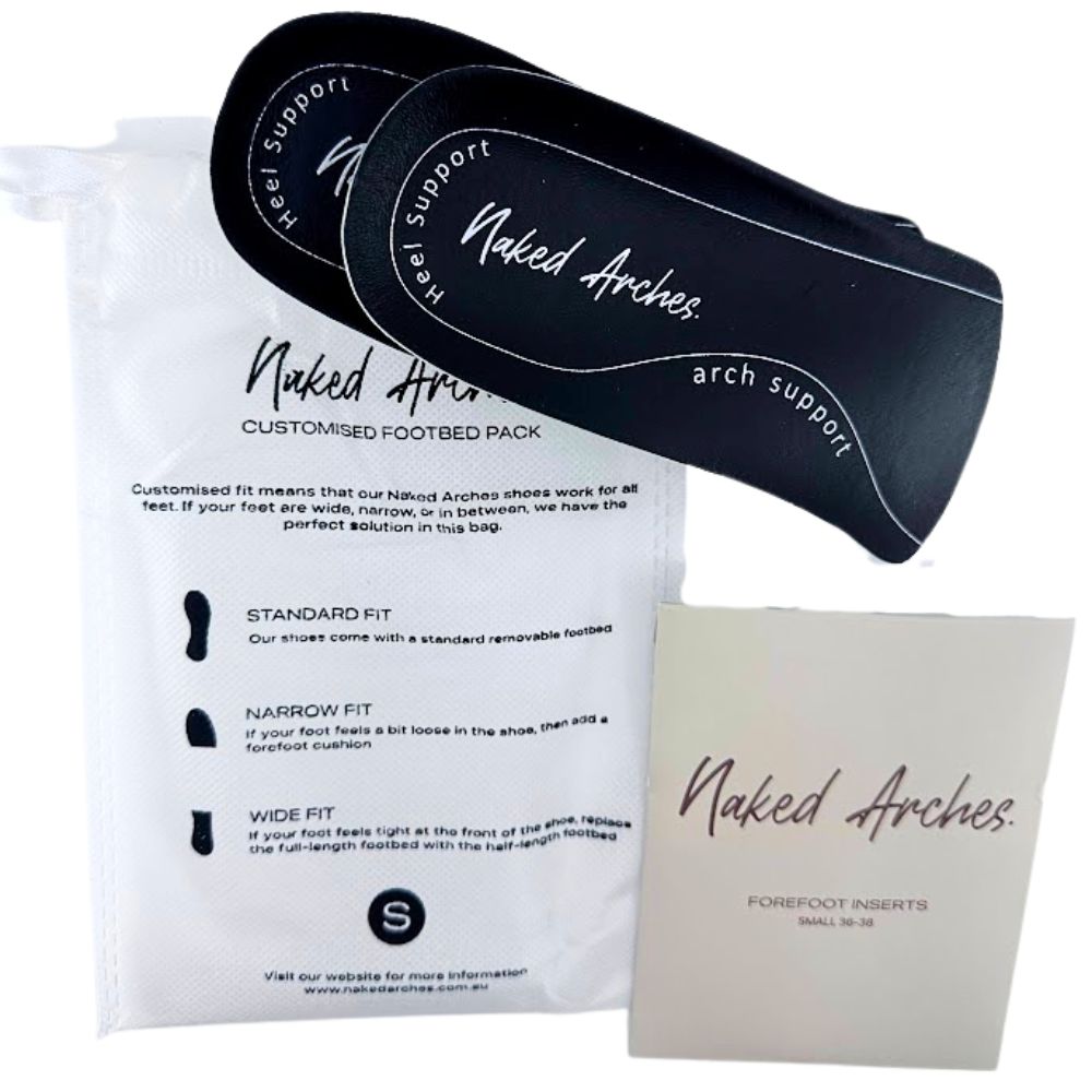 Naked Arches arch support product with packaging and inserts on a white background