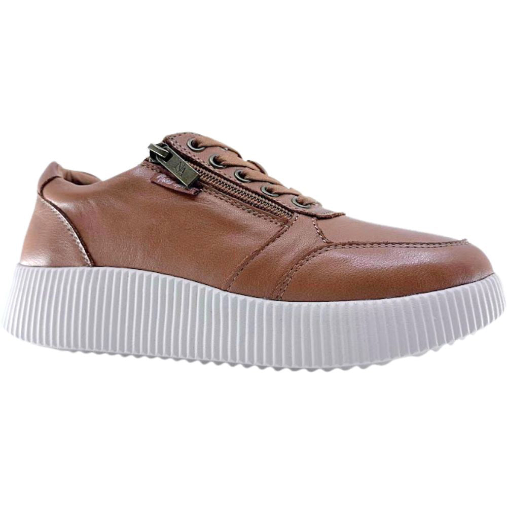 Tan leather sneaker with white sole on a white background