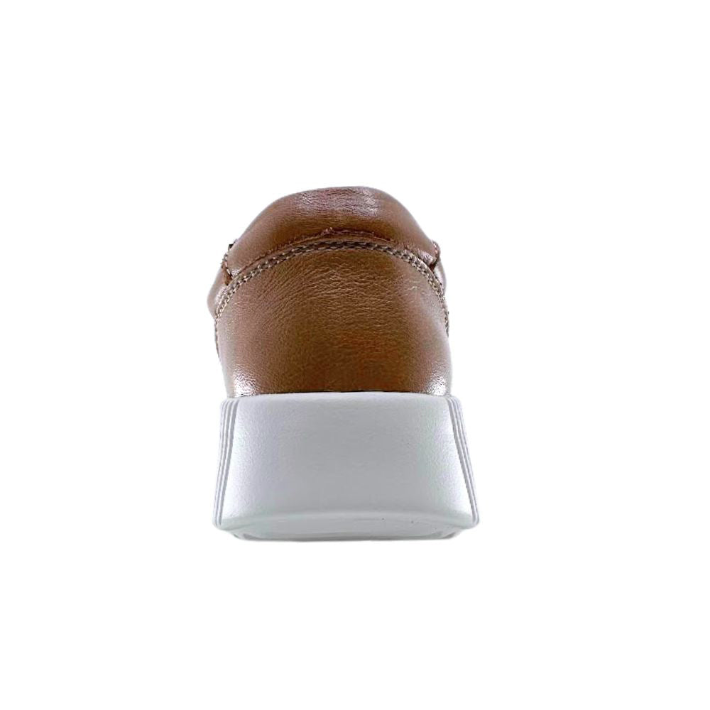 Back of tan leather sneaker with white sole on a white background
