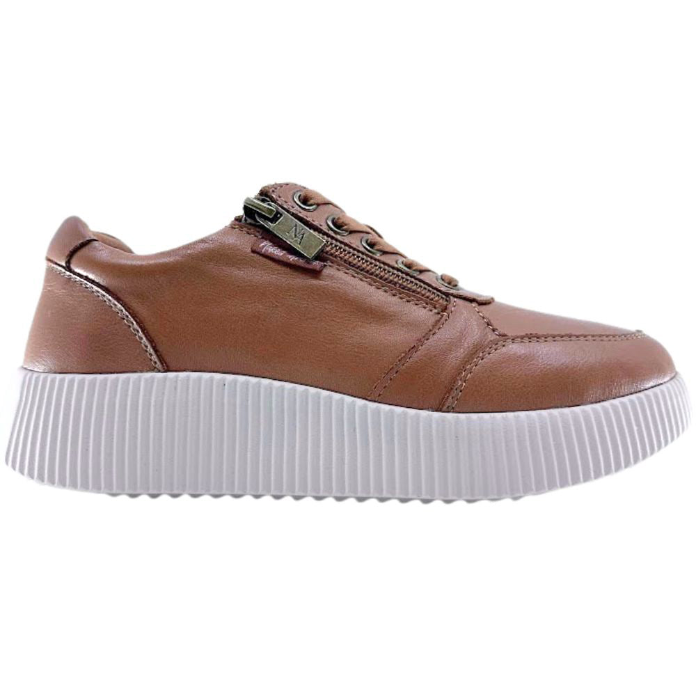 Tan leather sneaker with white sole on a white background
