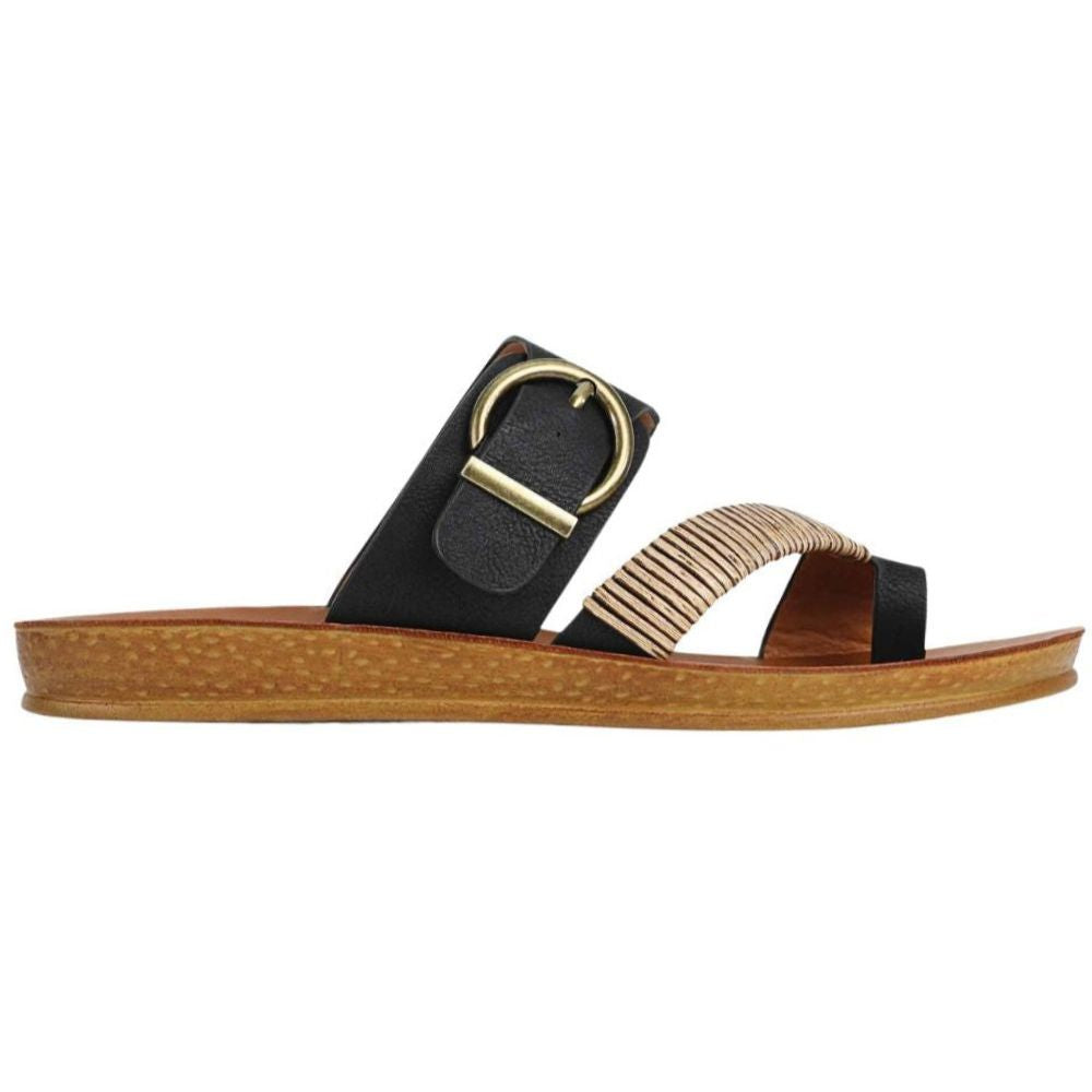A black faux leather slip-on sandal with an adjustable buckle and a woven bamboo strap, against a white background.