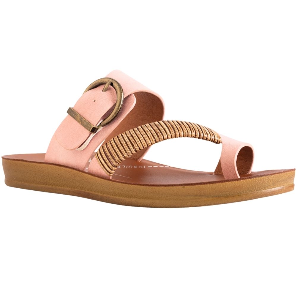 Pink slip on sandal with adjustable buckle and a tan sole on a white background