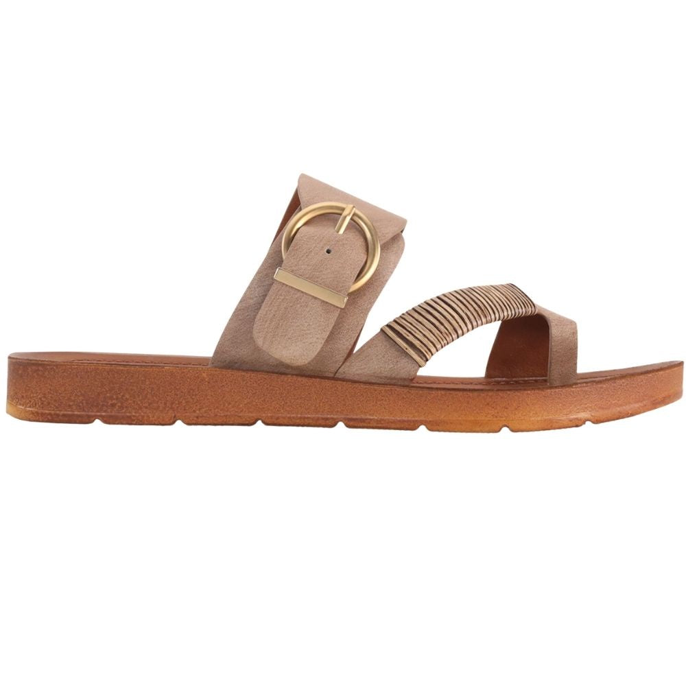 Taupe faux-leather slide sandal with an adjustable gold buckle and bamboo strap trim on a brown rubber outsole, against a white background.