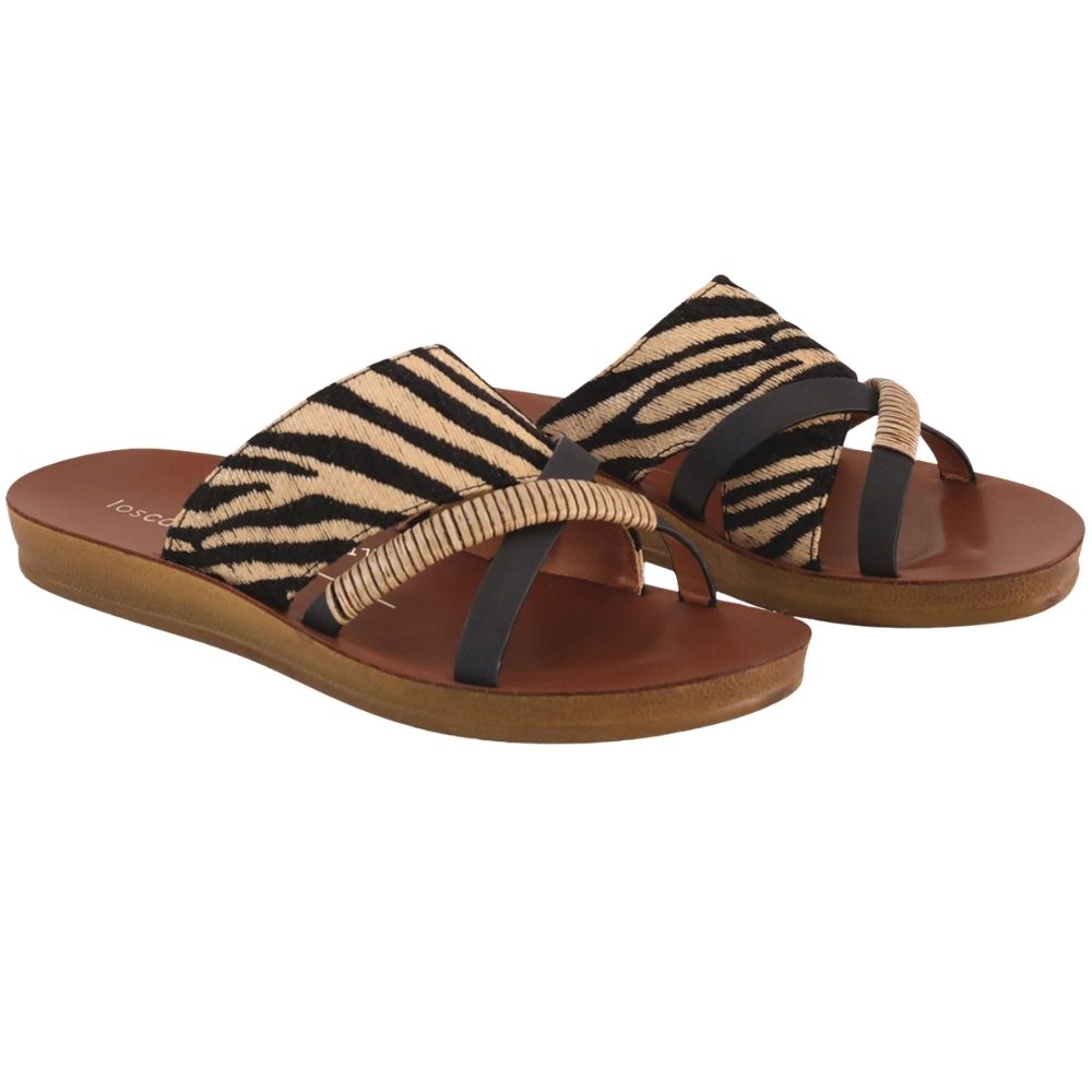 Pair of women's slide sandals featuring animal print and bamboo straps on a brown rubber outsole, against a white background.