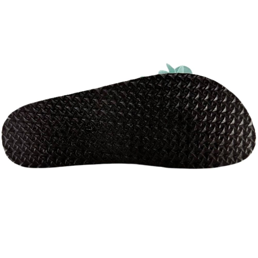 A black textured shoe outsole with a diamond-patterned tread, shown from the bottom against a plain white background.
