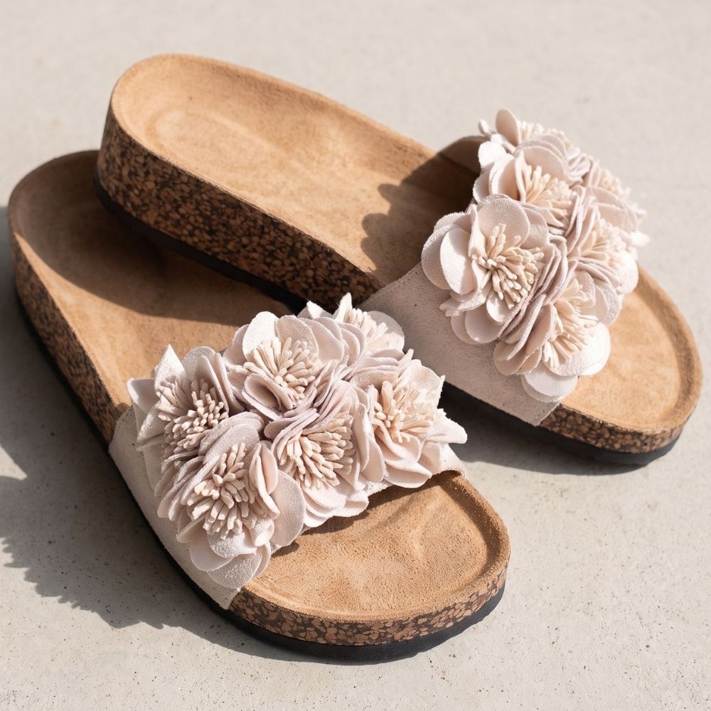Beige slide sandals with flower details on the straps, sitting against a stone background.