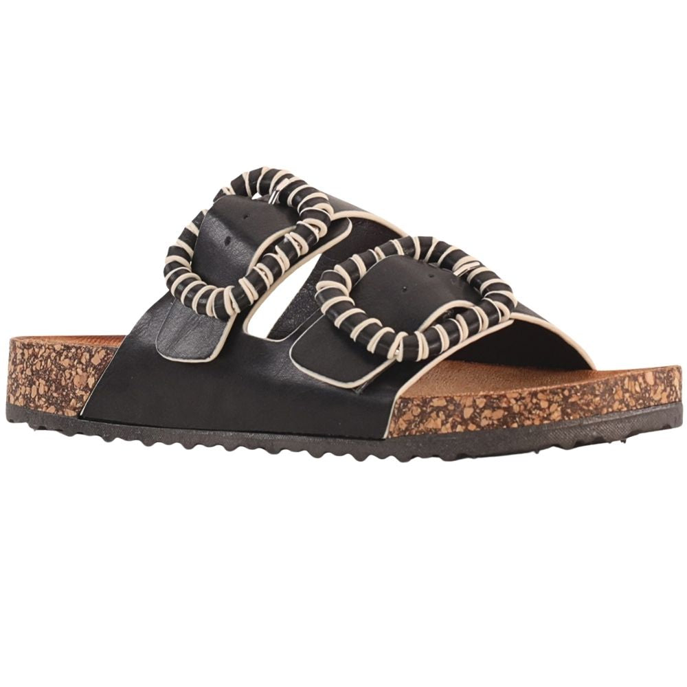 A black double-strap slide sandal with decorative braided trim around the straps and a cork-textured footbed, shown on a plain white background.