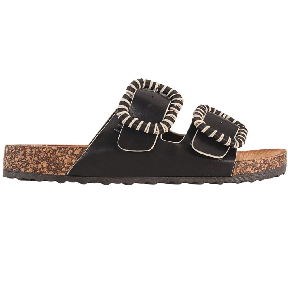 A black double-strap slide sandal with decorative braided trim around the straps and a cork-textured footbed, shown on a plain white background.