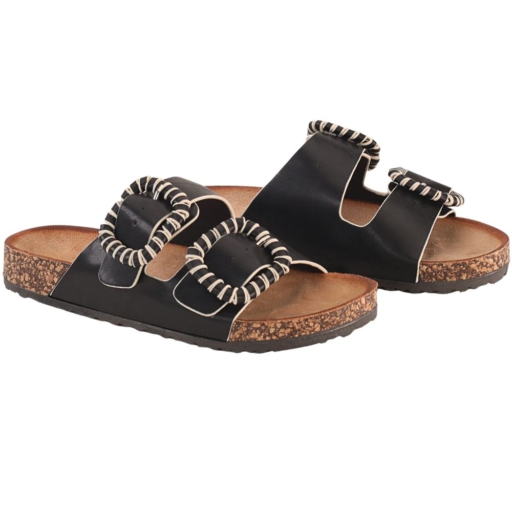 A pair of black double-strap slide sandals with decorative braided trim around the straps and a cork-textured footbed, shown on a plain white background.