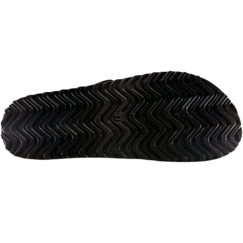 The black rubber outsole of a shoe sole with good tread, on a white background.