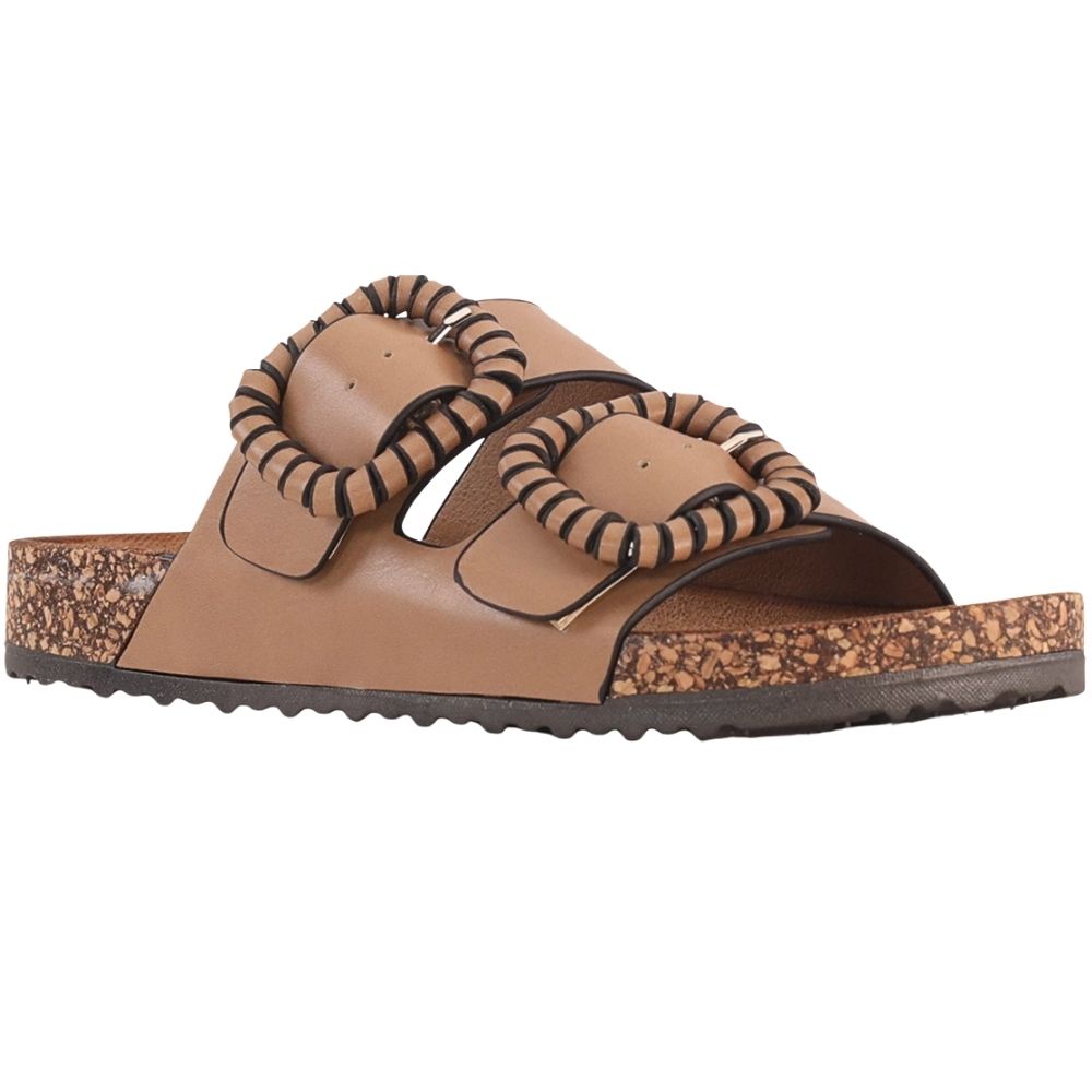 A single brown Vegan leather double-strap slide sandal with decorative woven trim around the straps and a textured cork midsole, shown against a plain white background.