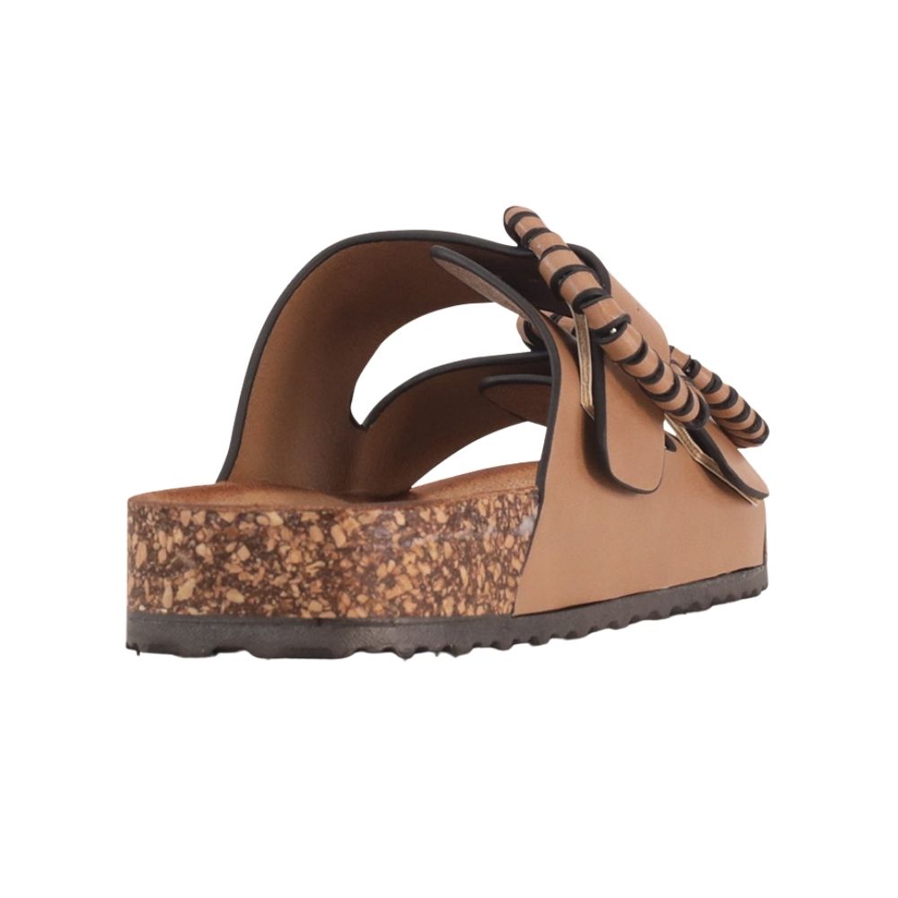 The back of a single brown Vegan leather double-strap slide sandal with decorative woven trim around the straps and a textured cork midsole, shown against a plain white background.