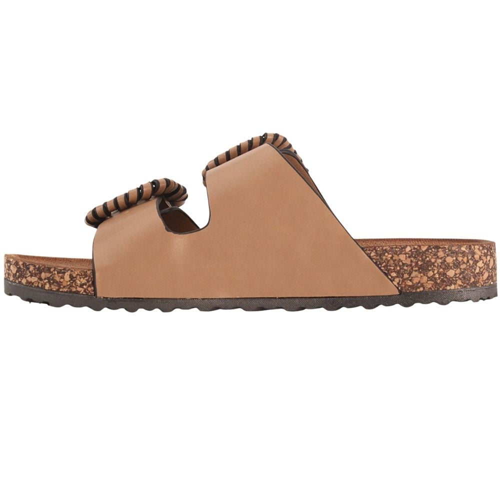 A single brown Vegan leather double-strap slide sandal with decorative woven trim around the straps and a textured cork midsole, shown against a plain white background.