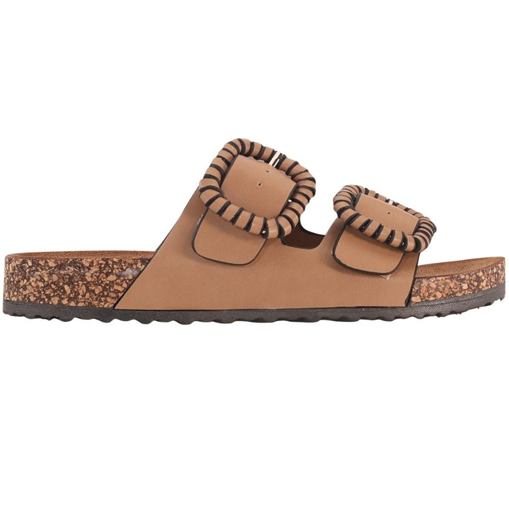 A single brown Vegan leather double-strap slide sandal with decorative woven trim around the straps and a textured cork midsole, shown against a plain white background.