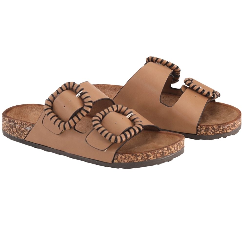A pair of brown Vegan leather double-strap slide sandals with decorative woven trim around the straps and textured cork midsoles, shown against a plain white background.