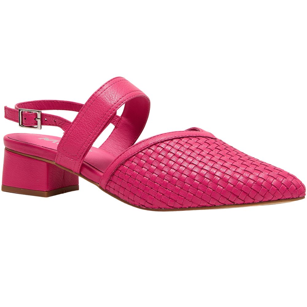 A bright pink woven leather slingback sandal with a pointed toe and block heel, shown from a side profile on a white background.