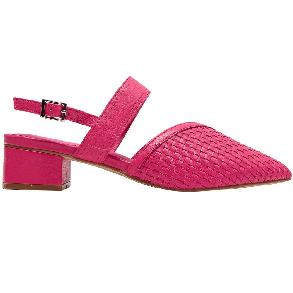 A bright pink leather block-heel sandal with a pointed toe, featuring a woven texture on the toe box, shown against a plain white background.