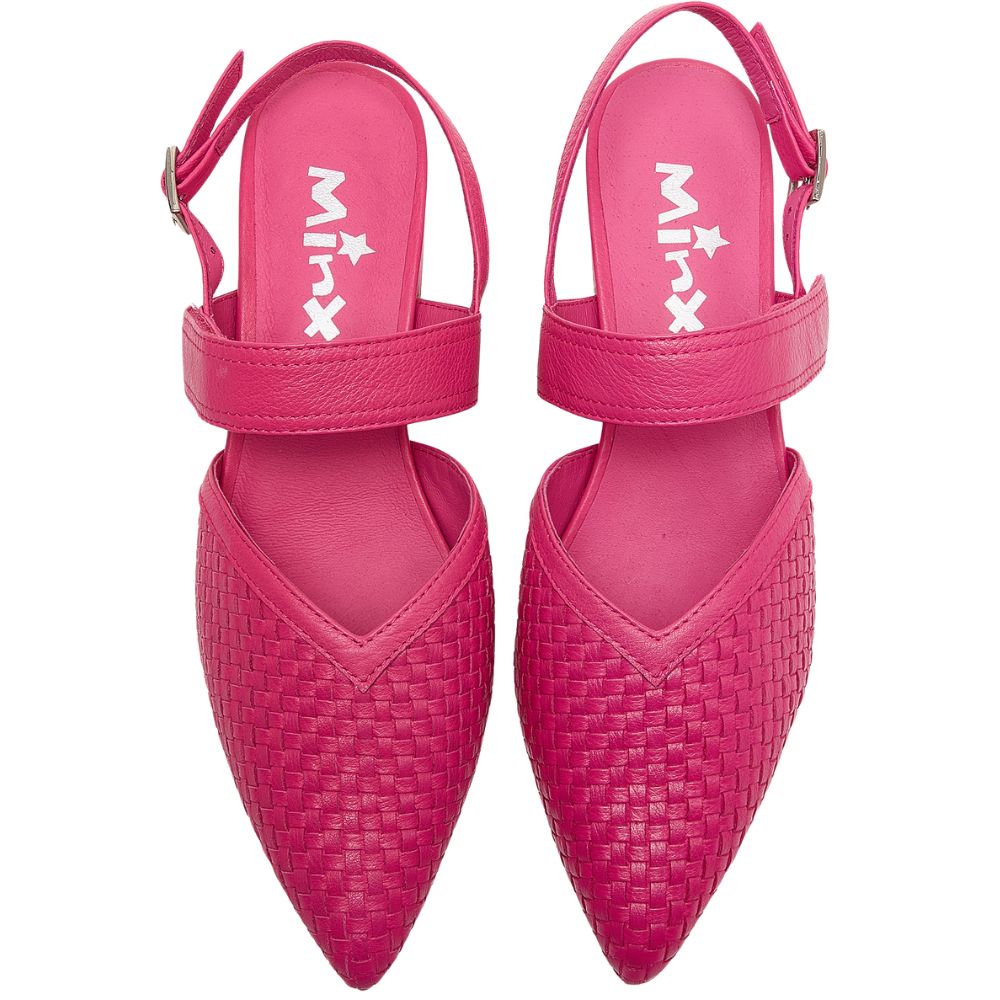 A pair of women's pointed-toe slingback heels in bright pink, featuring a woven leather upper. The insole displays the brand name 'Mink' in white.