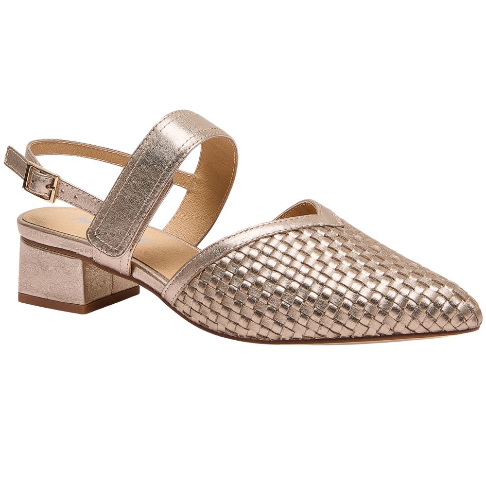 A pale gold slingback sandal with a woven leather upper, pointed toe, and block heel, shown against a plain white background.