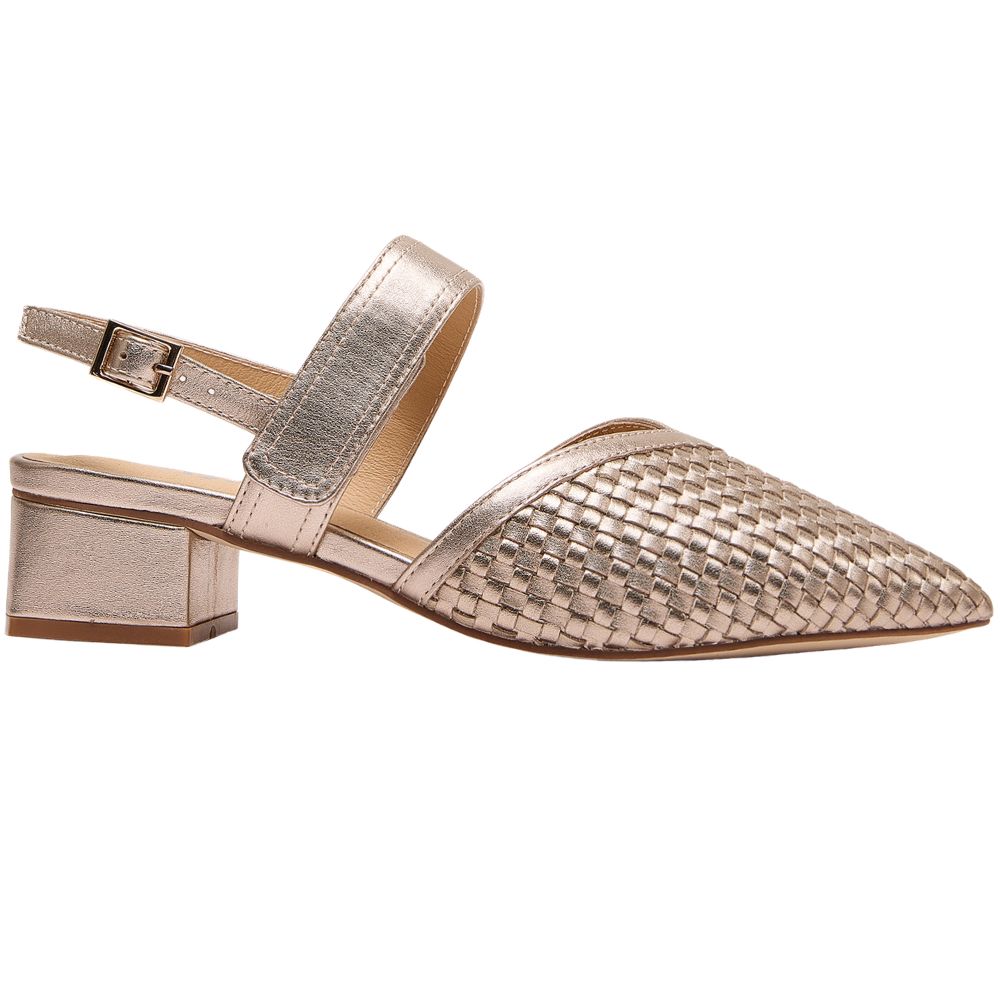 A pale gold slingback sandal with a woven pattern on the toe box and a block heel, shown from a side profile on a white background.