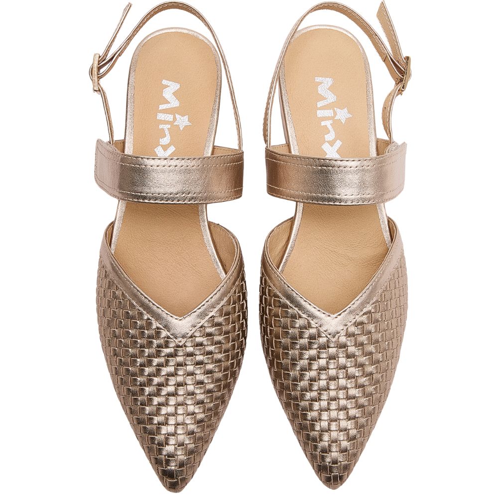 A pair of pale gold pointed-toe slingback sandals with a woven pattern on the toe and a single strap across the instep, shown against a plain white background.