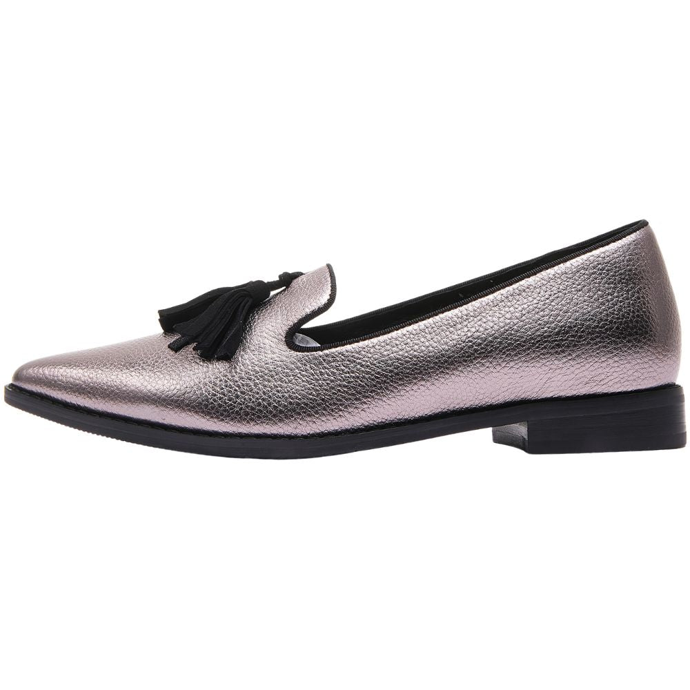 Silver loafer with tassel on a white background