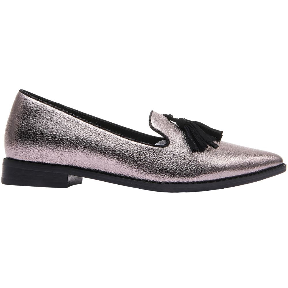 Metallic loafer with tassel on a white background