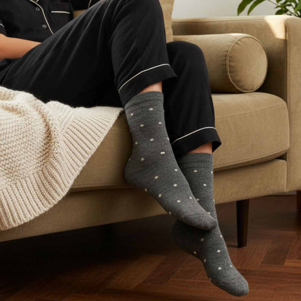 Person wearing dark pajamas and grey socks with white polka dots, sitting on a beige couch.