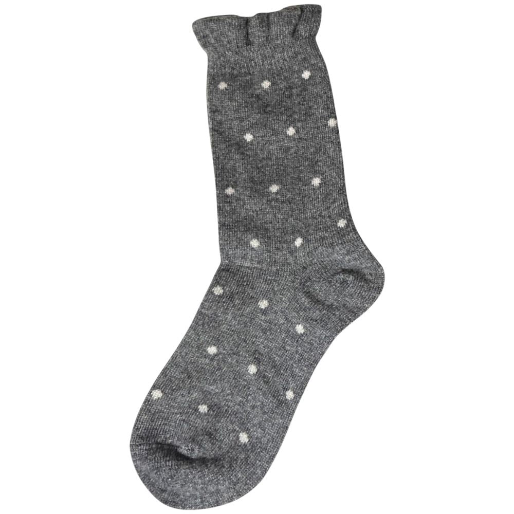 Grey crew sock with frill top and ivory polka dots on a white background