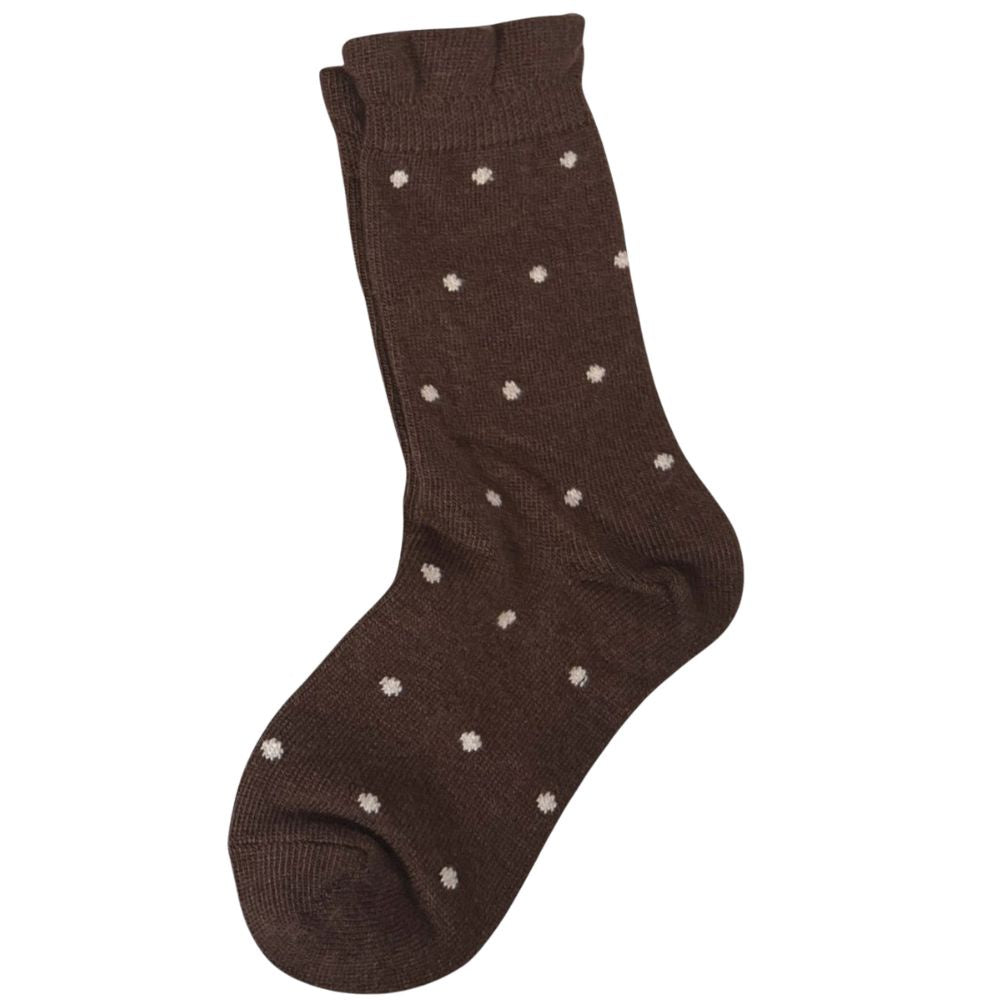 Chocolate brown sock with ivory polka dots on a white background