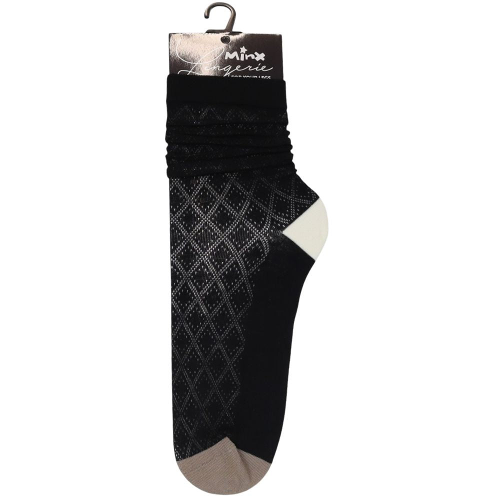 A single black sock with a diamond lattice pattern on the foot, a white heel, and a taupe toe, hanging from a black hanger with a paper header that reads 'Mini Lingerie'.